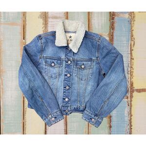 Old Navy Womens‎ Denim Jean Trucker Jacket Size L Y2K Retro 2006 Sherpa Cropped